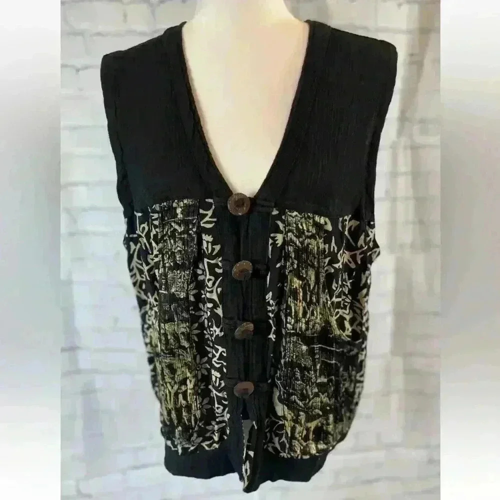 Orchid Lane Best Boho‎ Buddha Hipster Vest Woman’s Size S/M Black Gold buttons